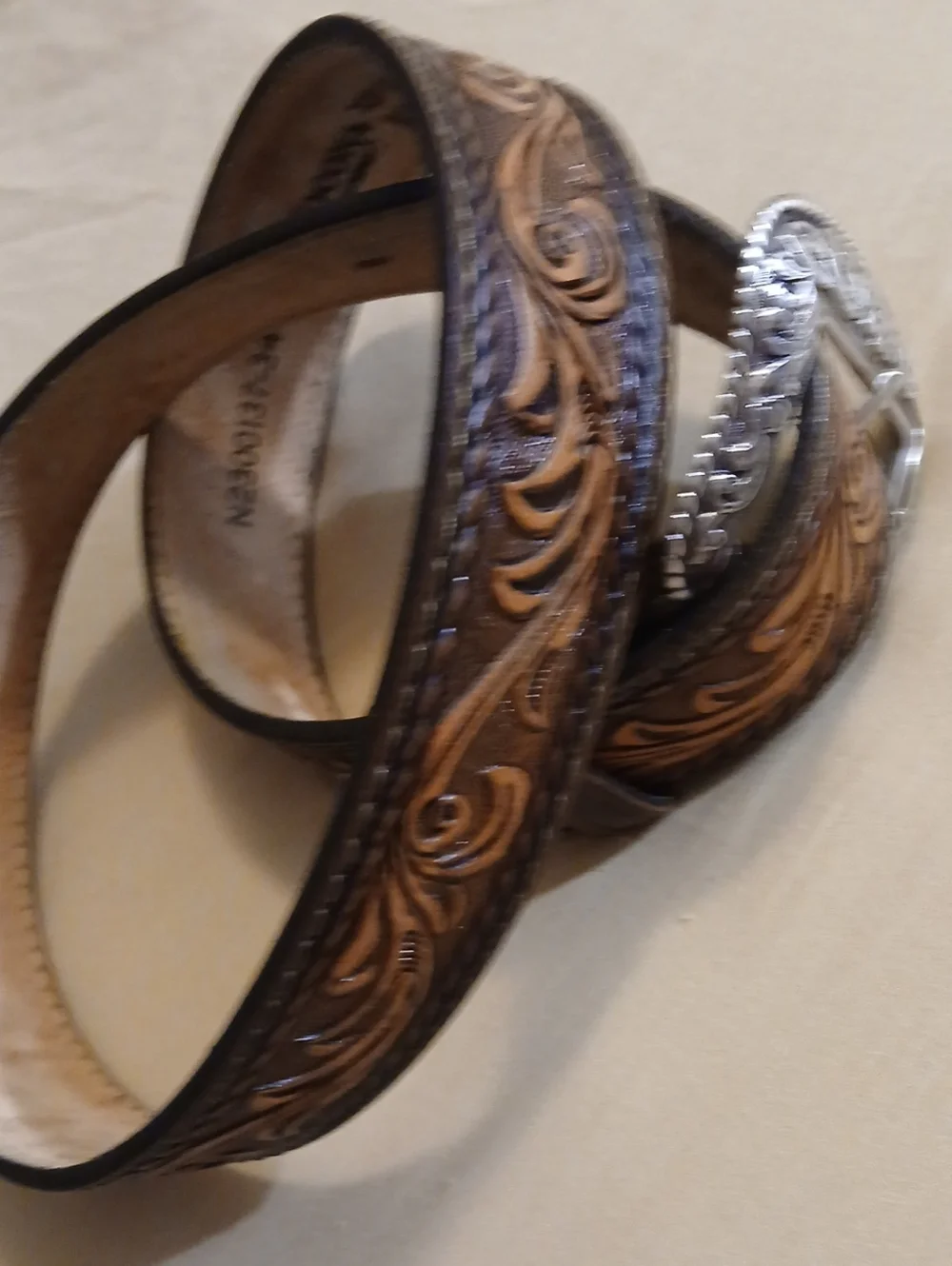 Nocona Tooled Brown Leather Western Belt with Silver Buckle